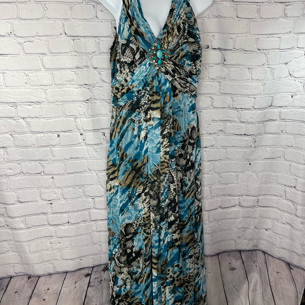 Jessica Howard Blue and Brown Maxi Halter Dress